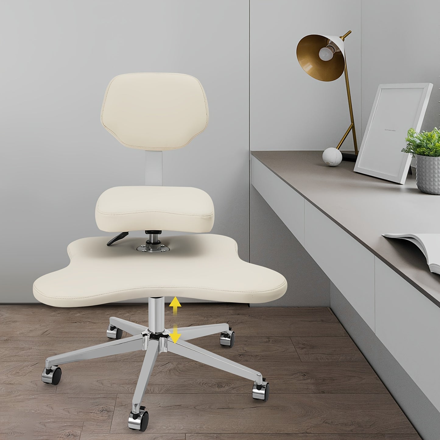 Meditatiestoel – Kruisbeenzitstoel – Verstelbare Kantoorstoel – Yoga Stoel – Wieltjes Met Rem – Hoogte Verstelbaar – Stevig Metalen Frame – Comfortabel Ivoorwit