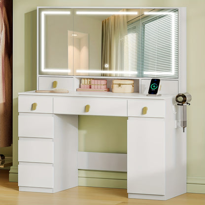 Make-up Tafel – Kaptafel – Schminktisch – Vanity – Make-uptafel – Grote Spiegel – Instelbare LED Verlichting – 8 Laden & Opbergruimte – Wit