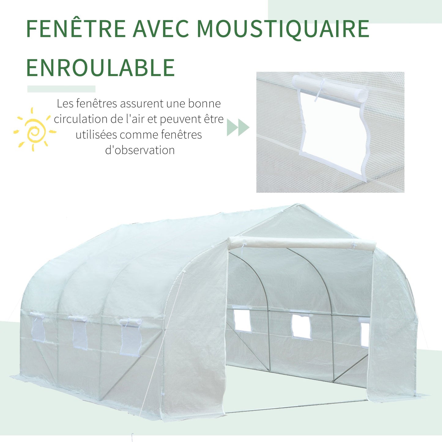 Kas – Tuinkas – Tunnelkas – Kweekkas – Serre – Stevig Gegalvaniseerd Stalen Frame – Waterdichte UV-bestendige PE-Folie 140 g/m² – Afm. 4,5 x 3 x 2 m – 6 Oprolbare Ramen Met Muskietennet – Witte Variant