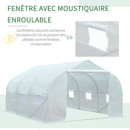 Kas – Tuinkas – Tunnelkas – Kweekkas – Serre – Stevig Gegalvaniseerd Stalen Frame – Waterdichte UV-bestendige PE-Folie 140 g/m² – Afm. 4,5 x 3 x 2 m – 6 Oprolbare Ramen Met Muskietennet – Witte Variant