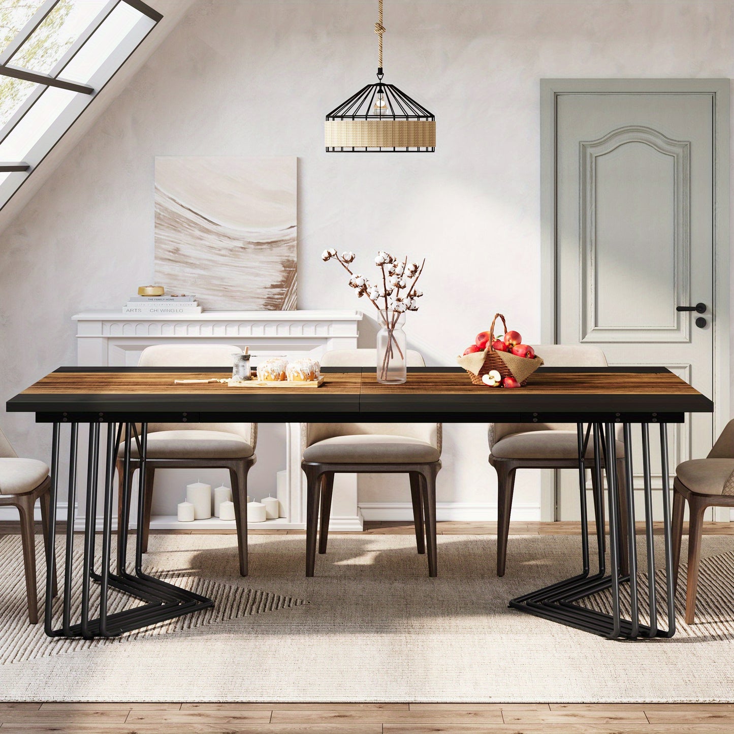 Eetkamertafel – Tafel – Eettafel – Dinertafel – Familietafel – Rustiek Bruin & Zwart – 78,74 Inch Breed – Geometrisch Metaal Onderstel