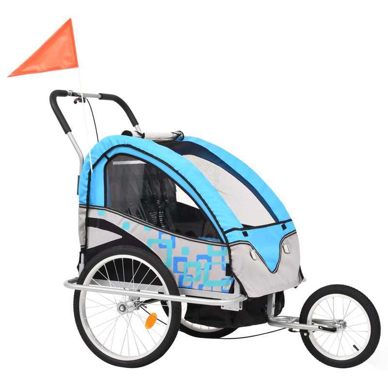 2-in-1 Fietskar en Wandelwagen – Fietsaanhanger – Buggy – Kinderkar – Wandelwagen – Blauw en Grijs – Veiligheidsharnas – Eenvoudig Om te Bouwen