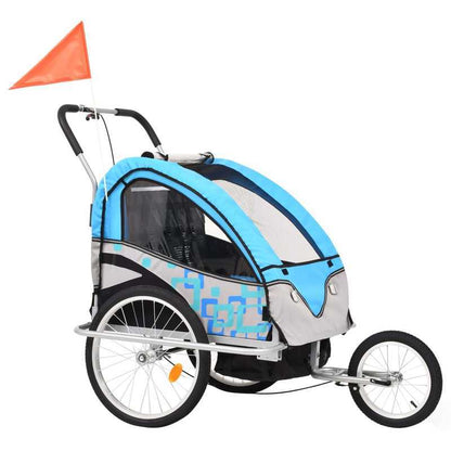 2-in-1 Fietskar en Wandelwagen – Fietsaanhanger – Buggy – Kinderkar – Wandelwagen – Blauw en Grijs – Veiligheidsharnas – Eenvoudig Om te Bouwen