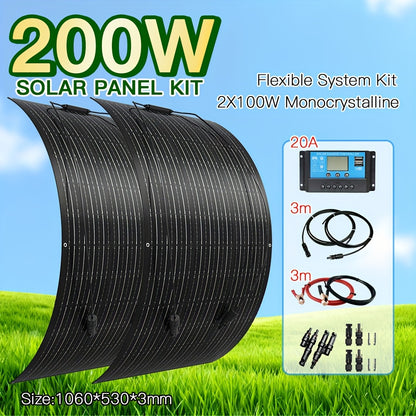 Solar Panel Kit – Zonnepaneel Set – Flexibel Zonnepaneel – Mobiel Zonnepaneel – Off-Grid Systeem – 2x100W Hoog Rendement – 20A Laadregelaar Inclusief
