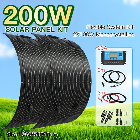 Solar Panel Kit – Zonnepaneel Set – Flexibel Zonnepaneel – Mobiel Zonnepaneel – Off-Grid Systeem – 2x100W Hoog Rendement – 20A Laadregelaar Inclusief