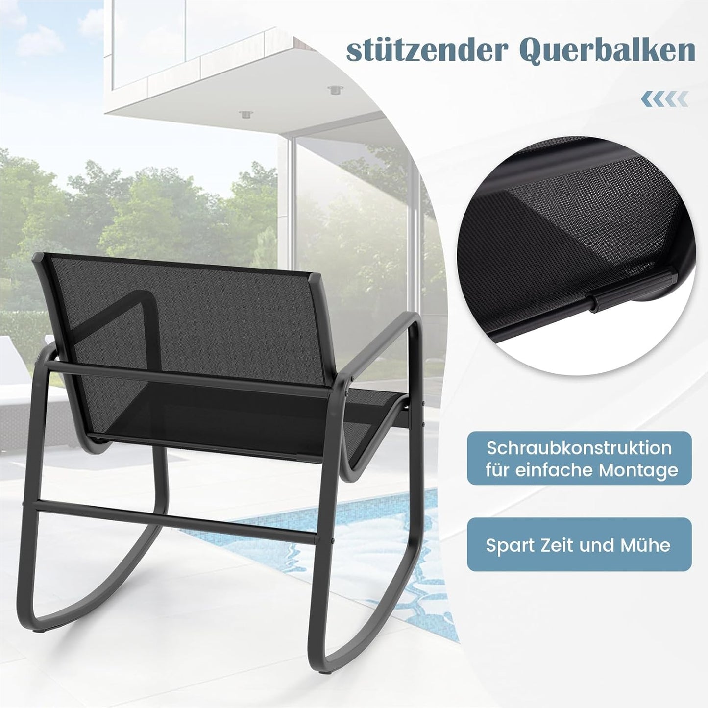 Tuinmeubelset – Tuinset – Loungeset – Balkonset – Terrasmeubilair – 4-Delige Zwart Met Rocking Stoelen – Met Veilig Schommelmechanisme en Versterkt Metaalframe