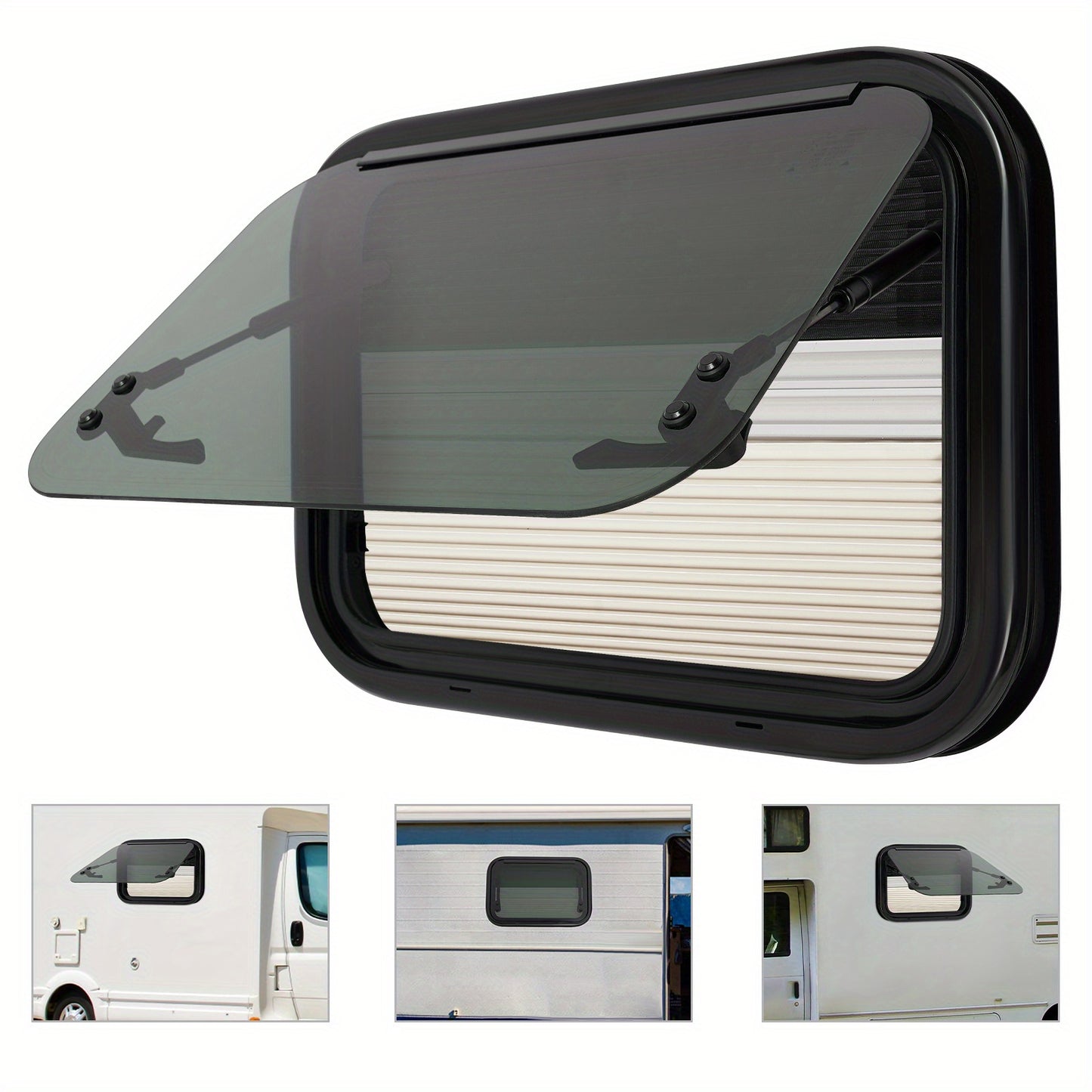 Caravanraam – Uitzetraam – Camperraam – Trailerraam – Ventilatieraam – Aluminiumlegering & gehard glas – Insectengaas en zonwering inbegrepen – 50x35 cm – Wit/Zwart