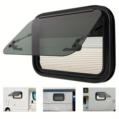 Caravanraam – Uitzetraam – Camperraam – Trailerraam – Ventilatieraam – Aluminiumlegering & gehard glas – Insectengaas en zonwering inbegrepen – 50x35 cm – Wit/Zwart