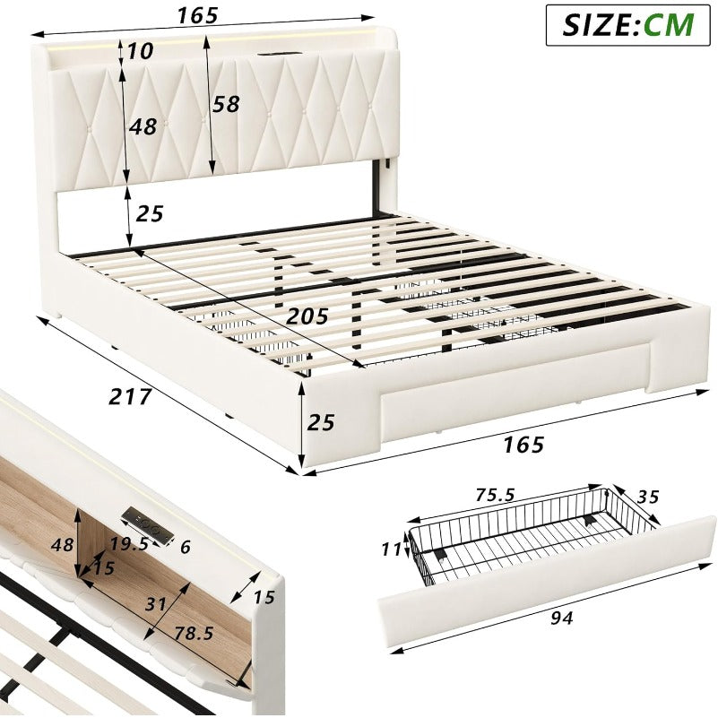 Bedframe – Tweepersoonsbed – Gestoffeerd Bed – Opbergbed – Slaapbank – 140x200 cm – USB Oplaadfunctie – LED Verlichting Met Afstandsbediening