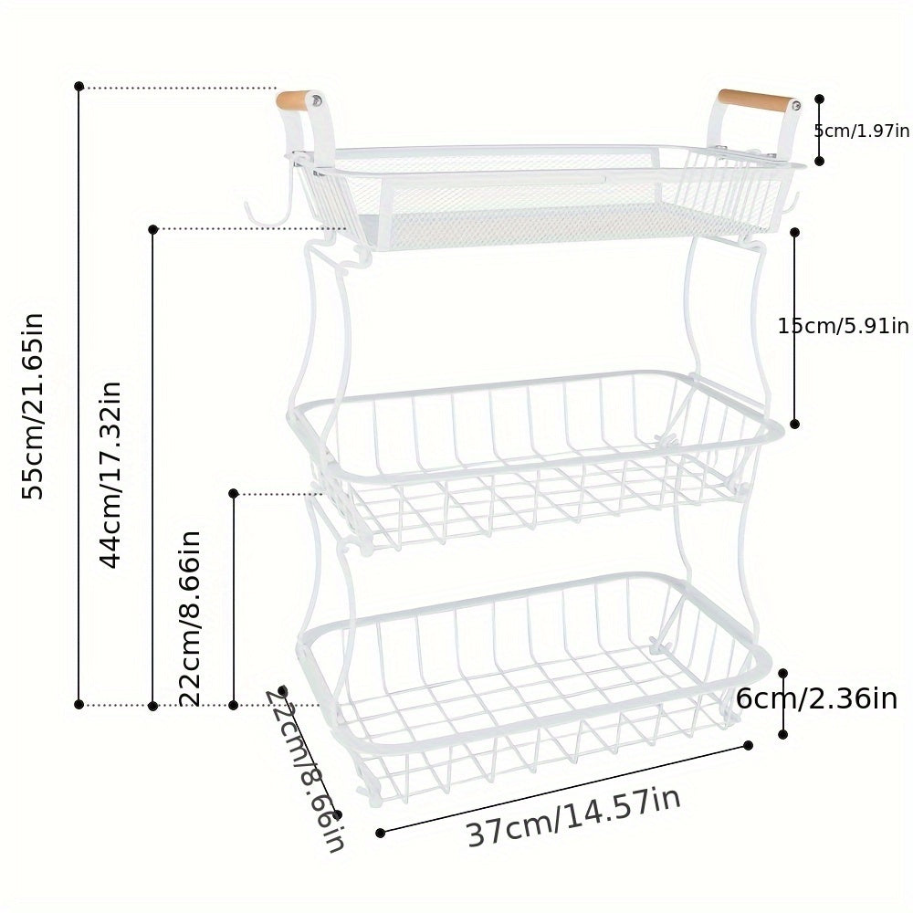 3-Tier White Carbon Steel Storage Basket With Wooden Handles - Multi-Purpose Organizer For Kitchen, Bathroom, Living Room & Under Sink | Durable, Space-Saving Design (37x22x55cm), Shelf Baskets