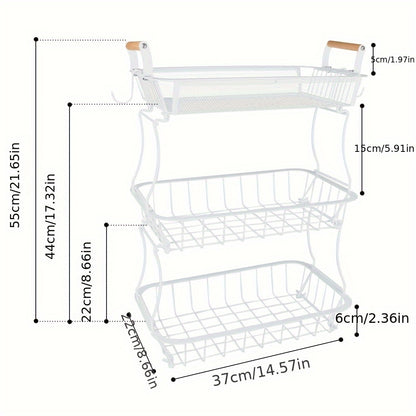 Opbergmand – Opbergbox – Kastmand – Organizer – Opbergbak – 3-laags – Wit Carbonstaal – Met Houten Handvatten – Duurzaam & Ruimtebesparend – 37x22x55 cm
