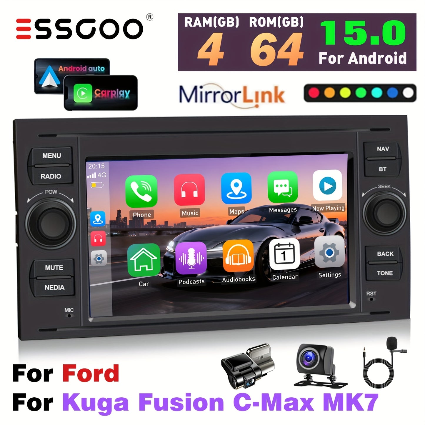 Android Autoradio – Multimedia Systeem – In-Car Entertainment – Navigatie Systeem – Auto Radio – 7 Inch HD Touchscreen – 4GB RAM 64GB Opslag – Inclusief AHD Camera & Dashcam