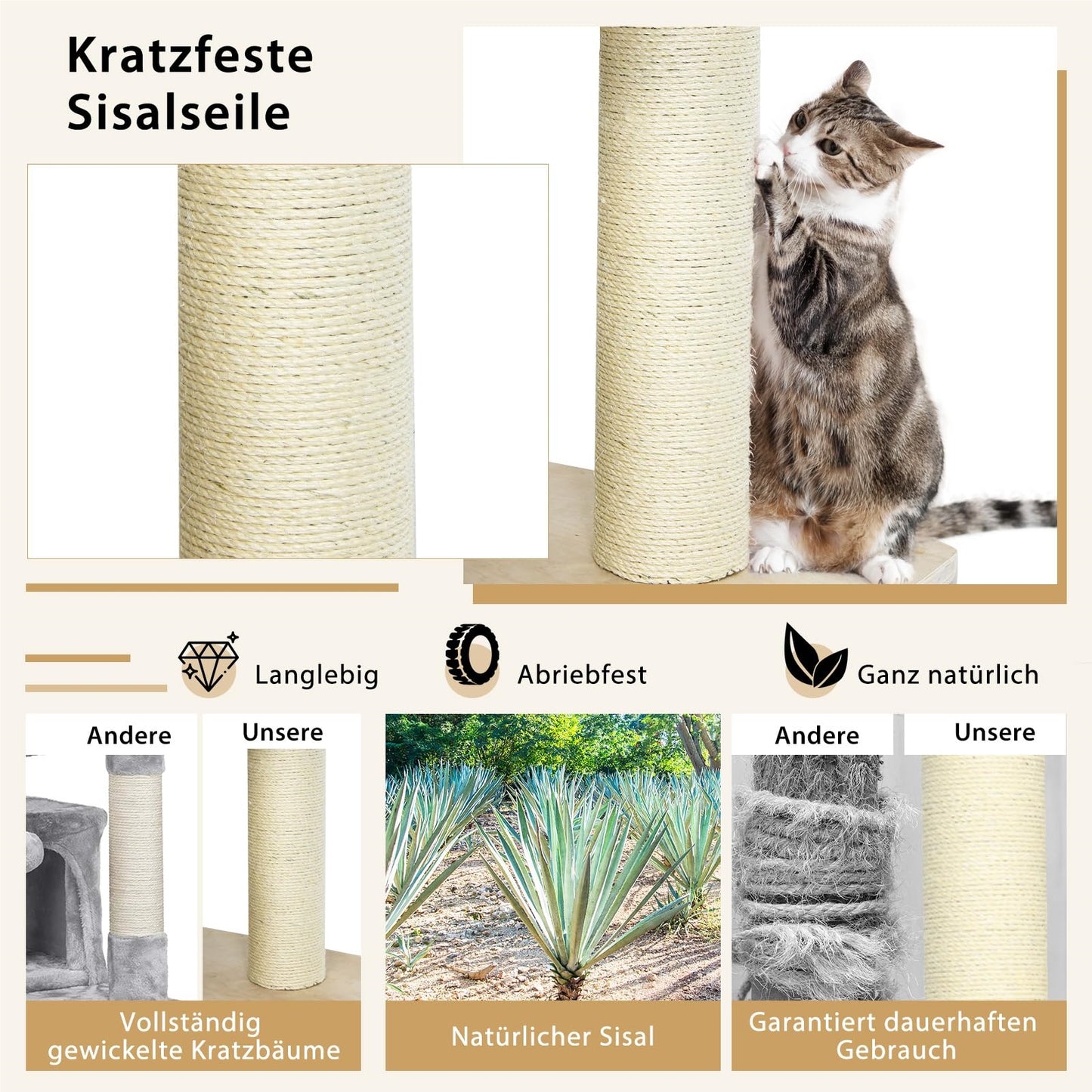 Krabpaal – Kattenkrabpaal – Kattenboom – Kattenhuis – Krabmeubel – 7 Niveaus – 197 cm Hoog – Inclusief Hangmat, Grot en Speelballen – Beige – Massief Hout & Sisal Bekleding