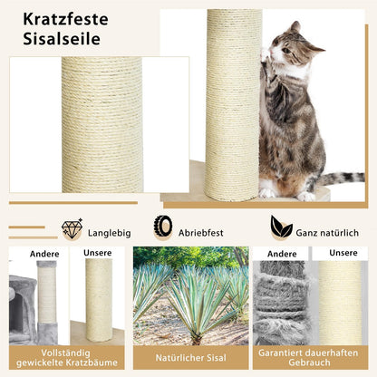 Krabpaal – Kattenkrabpaal – Kattenboom – Kattenhuis – Krabmeubel – 7 Niveaus – 197 cm Hoog – Inclusief Hangmat, Grot en Speelballen – Beige – Massief Hout & Sisal Bekleding