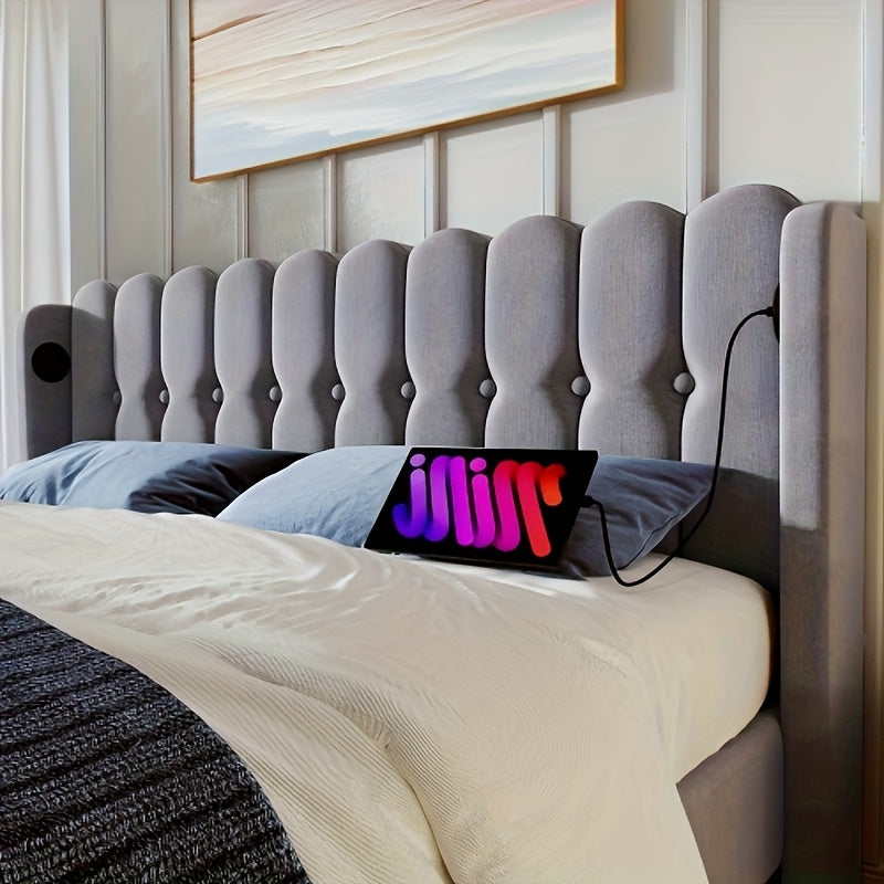 Bedframe – Bed Frame – Bed Steiger – Bedmontage – Slaapkamer Meubel – Grijs – Minimalistisch Design – Bamboe Materiaal – Ingebouwd Nachtkastje