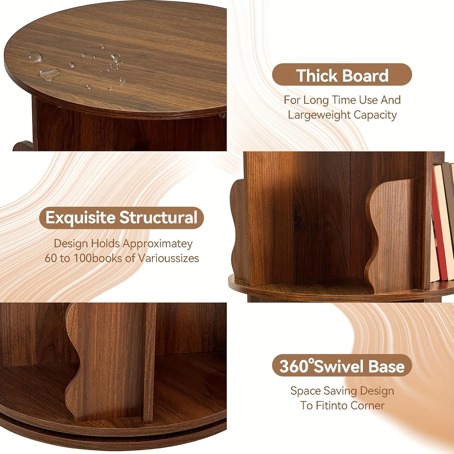 360° Draaibare Boekenplank – Draaibare Boekenkast – Rotatie Boekenrek – Verticale Boekenplank – Houten Boekenrek – 5 Lagen – Compact Ruimtebesparend Design – Massief Hout Retro Bruin