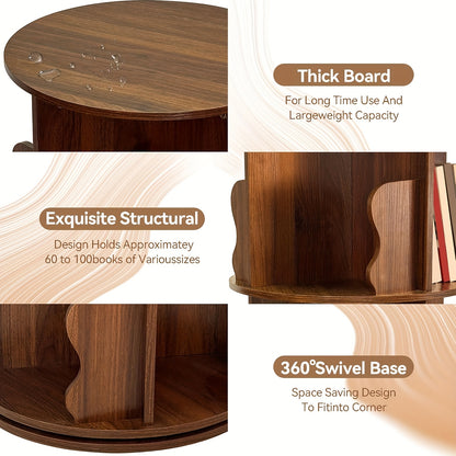 360° Draaibare Boekenplank – Draaibare Boekenkast – Rotatie Boekenrek – Verticale Boekenplank – Houten Boekenrek – 5 Lagen – Compact Ruimtebesparend Design – Massief Hout Retro Bruin