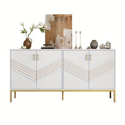 4-Deurs Kast – Dressoir – Sideboard – Opbergkast – Woonkamerkast – Wit Met Gouden Details – Verstelbare Legplanken – Ruime Opbergruimte