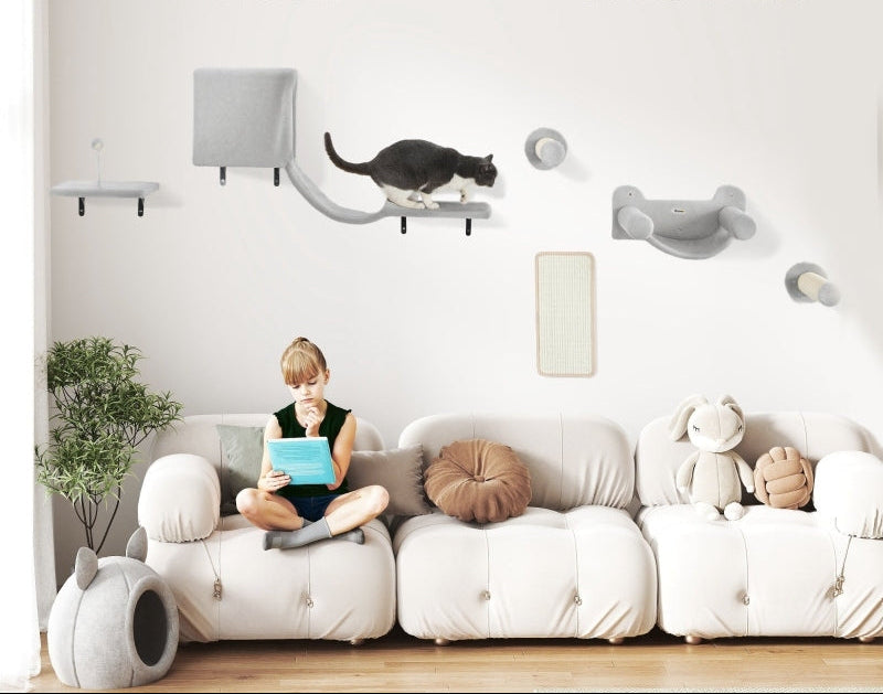 Klimmuur Kat – Krabpaal – Klimmeubel – Kattenhuis – Hangmat – 6-delige Set – Grijs – Stimuleert Klim- en Krabgedrag – Geschikt Tot 5 Kg