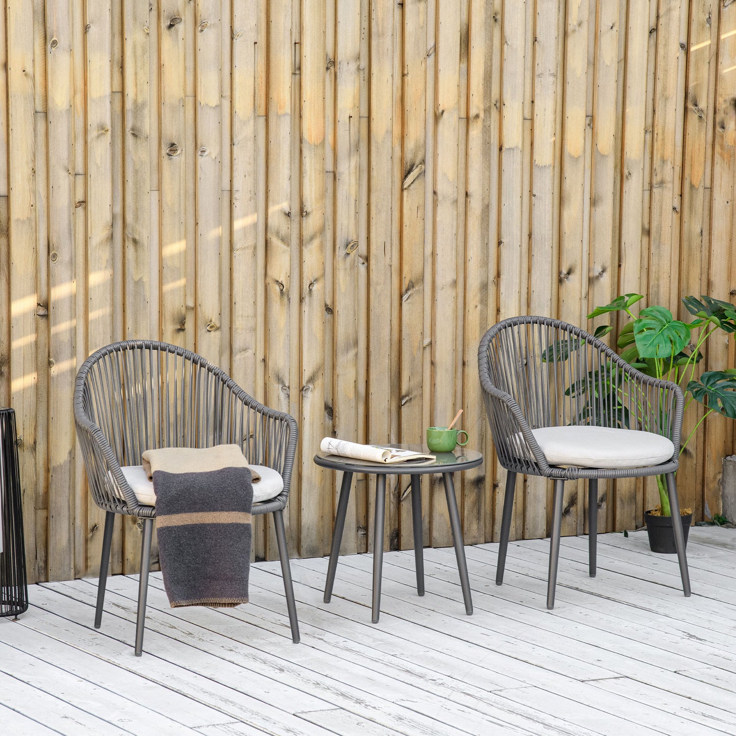 Bistroset – Tuinset – Balkonset – Tuintafelset – Rattanmeubel – Weerbestendig – Gepoedercoat Stalen Frame – Comfortabele Kussens – Donkergrijs