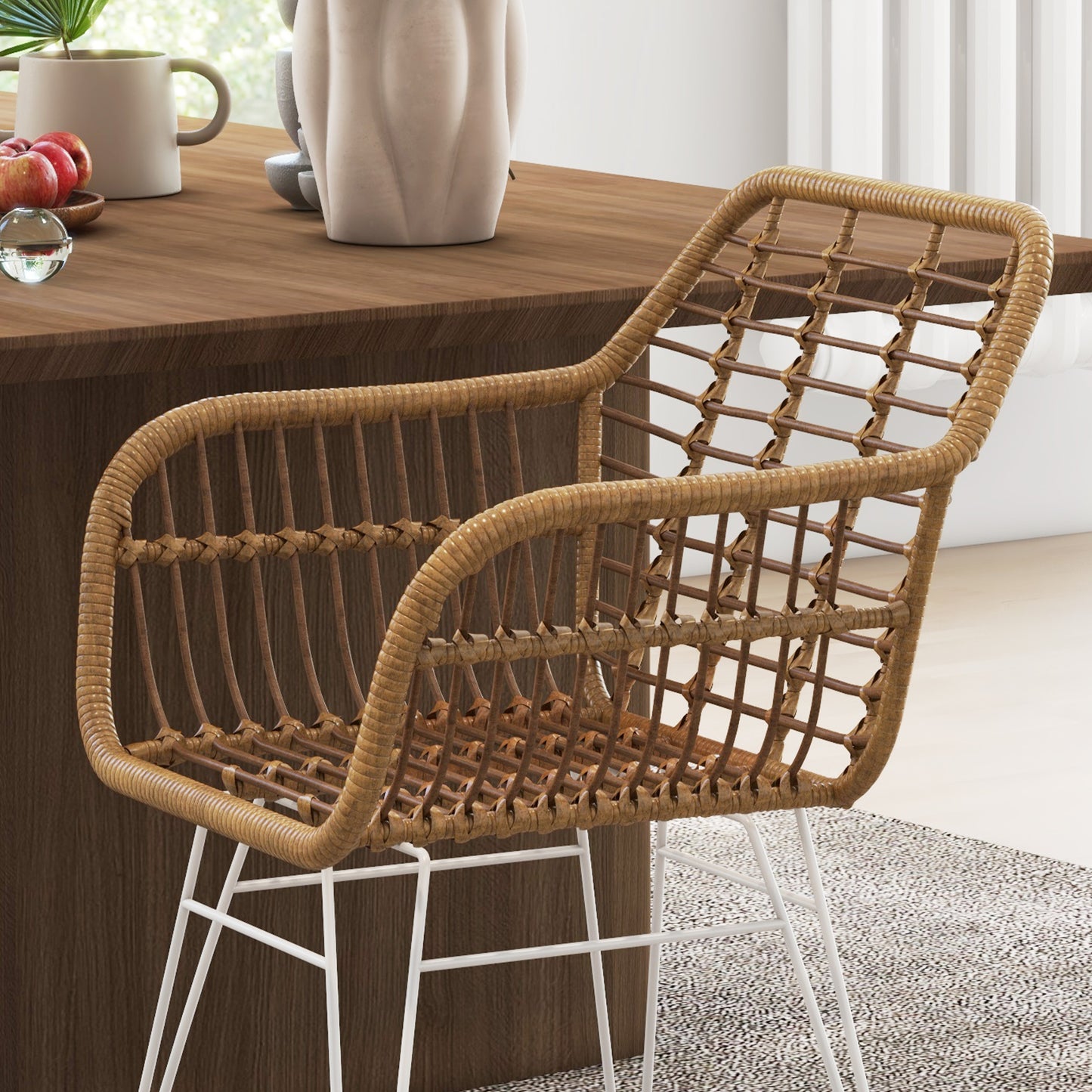 Boho Stoelen – Keukenstoelen – Eetkamerstoelen – Rieten Stoelen – Tuinstoelen – Set Van 2 – PE Rattan – Weerbestendig & Compact 56x60x79 cm – Naturel/Wit