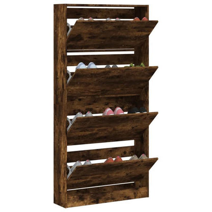 Shoe Cabinet with 4 Flap Drawers Measuring 80X21X163.5 Cm in Smoked Oak Color. This Stylish Shoe Cabinet Prevents Messy Shoes And Creates a Tidy Environment; The Metal Frame Provides Strength And Stability. The Cabinet Is Lig