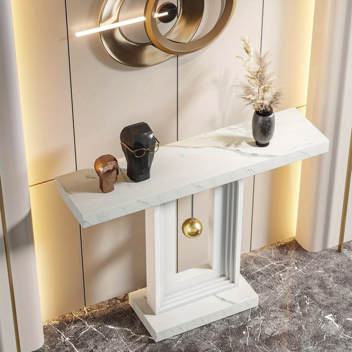 Sidetable – Consoletafel – Haltafel – Sofa Tafel – Narrow Table – Wit Kunstmarmer Blad – Pendulum Vormige Houten Onderstel – Modern Minimalistisch Design – Duurzaam MDF