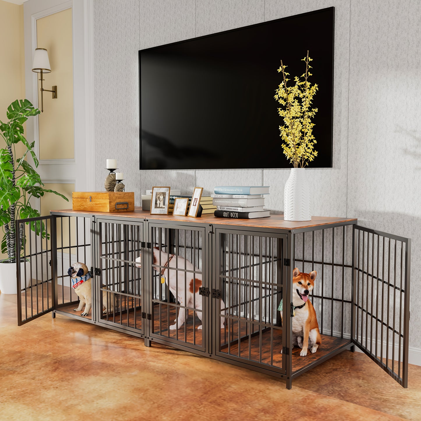 Hondenbench – Hondenkooi – Hondenmand – Puppyren – 90x62x68,5 CM – Stevig IJzeren Frame Met Houten Afwerking – Vier Deuren Met Tussenschot