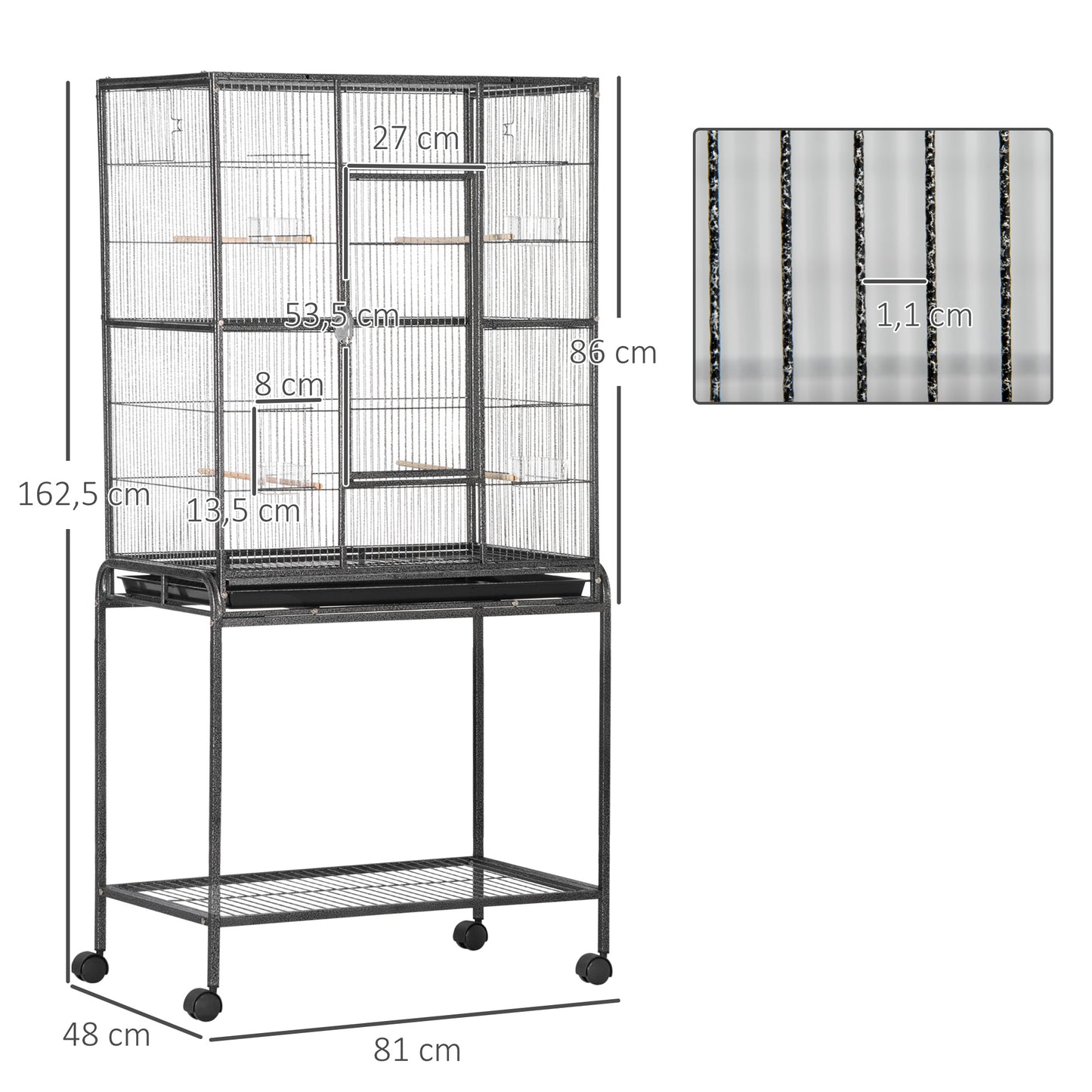 Vogelkast – Vogelkooi – Vogelkooi Binnen – Vogelkooi Metaal – Draagbare Vogelkooi – 77x47x163 cm – Met 4 Voederbakjes en 4 Zitstokken