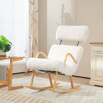 Schommelstoel – Relaxstoel – Rocking Chair – Lounge Stoel – Schommelstoel Wit – Zachte Fleece Bekleding – Stevig Houten Frame – Verstelbare Hoofdsteun – Max 120 kg