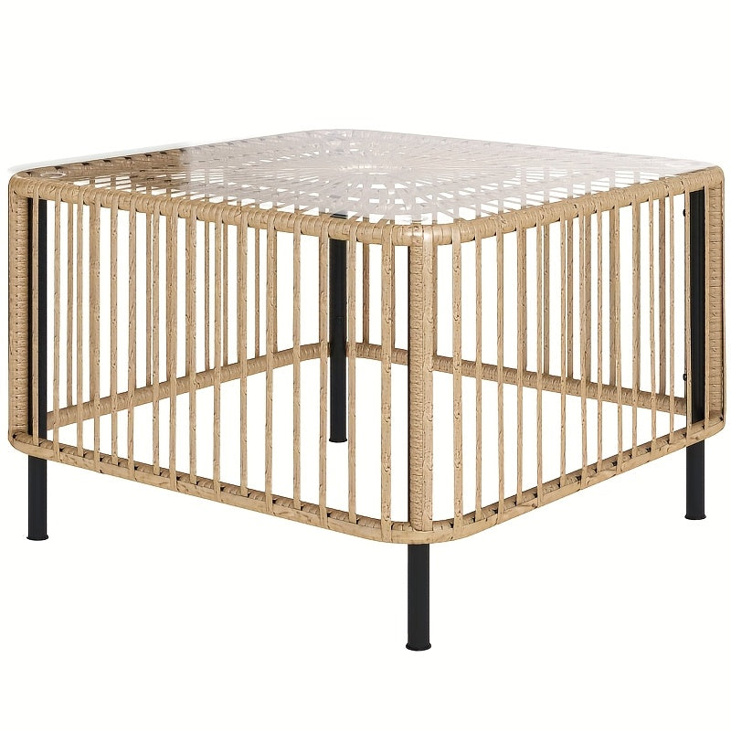 Bijzettafel – Tafeltje – Salontafel – Bijzettafeltje – Sidetable – Compact Vierkant Design – Glasblad & Weersbestendig Rattan – Lichtgewicht & Stevig