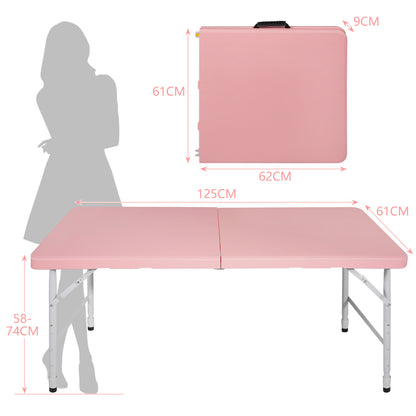125cm Portable Heavy Duty Folding Table with Handle, Adjustable Height Foldable Table, Multi-Functional Fold up Table for Camping Picnic Parties Indoor/Outdoor, Capacity Weight 135KG (Pink)