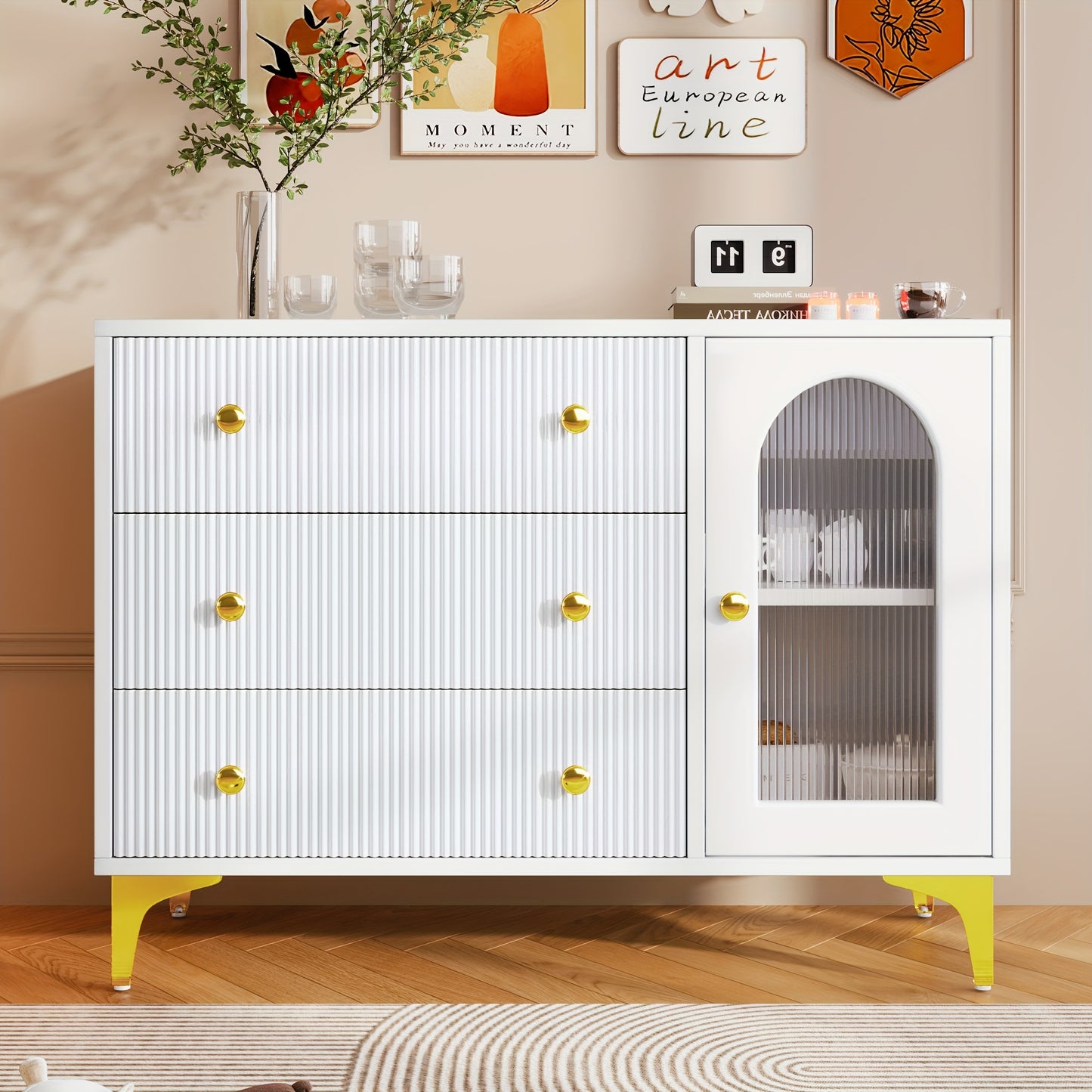 Sideboard – Dressoir – Opbergkast – Kast Met Laden – Sideboard Wit – Hardhout – Glazen Deur – Textuurfront – Gouden Handgrepen – Vrijstaand En Stevig