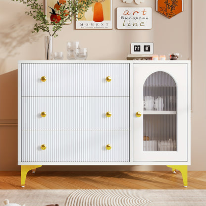 Sideboard – Dressoir – Opbergkast – Kast Met Laden – Sideboard Wit – Hardhout – Glazen Deur – Textuurfront – Gouden Handgrepen – Vrijstaand En Stevig