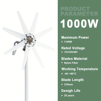 Windturbine – Windmolen – Windgenerator – Aerogenerator – Windenergie – 1000W Vermogen – MPPT Controller – Start Bij Lage Windsnelheid – Stil & Draagbaar