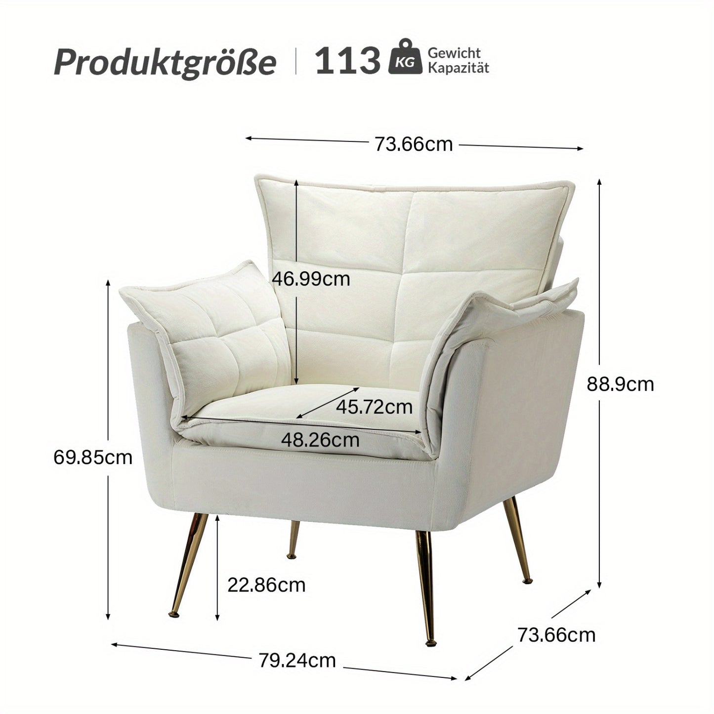 Zetel – Fauteuil – Leunstoel – Lounge Stoel – Armstoel – Modern Velvet – Gouden Metalen Poten – Comfortabele Dikke Zitting – Ivoorkleurig