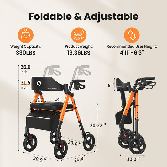 Rollator – Wandelwagen – Looprek – Mobiliteitshulpmiddel – Rollatorstoel – Opvouwbaar – Lichtgewicht Aluminium – Extra Grote Wielen 20,32 cm