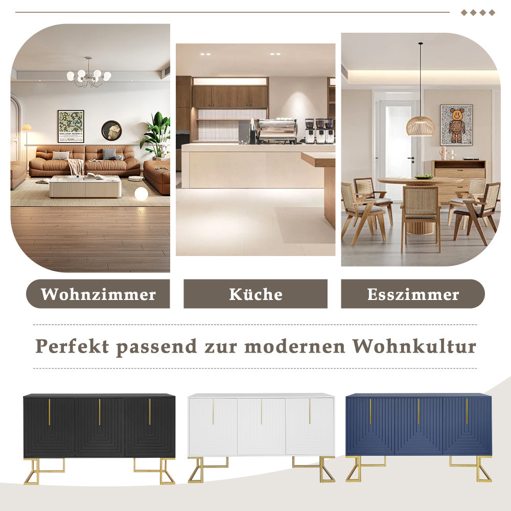 Dressoir – Opbergkast – Buffettafel – Kast – Ladekast – Modern Design – 3 Deuren Met Verstelbare Planken – Witte Afwerking Met Gouden Basis