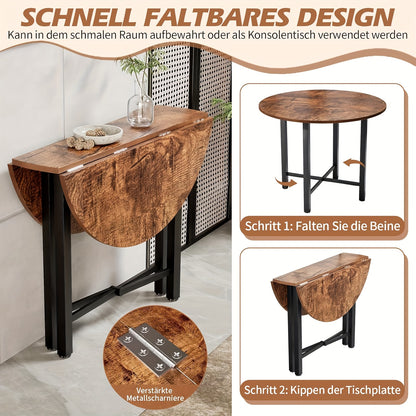 Foldable Round Dining Table - 75cm High, Brown Wooden Kitchen Table for 2-4 People, Rustic Style with Metal Legs, Engineered Wood Top, Perfect for Living Room or Dining Room, Easy Assembly, No Power Needed, Dining Table for Living Room, JoliJour
