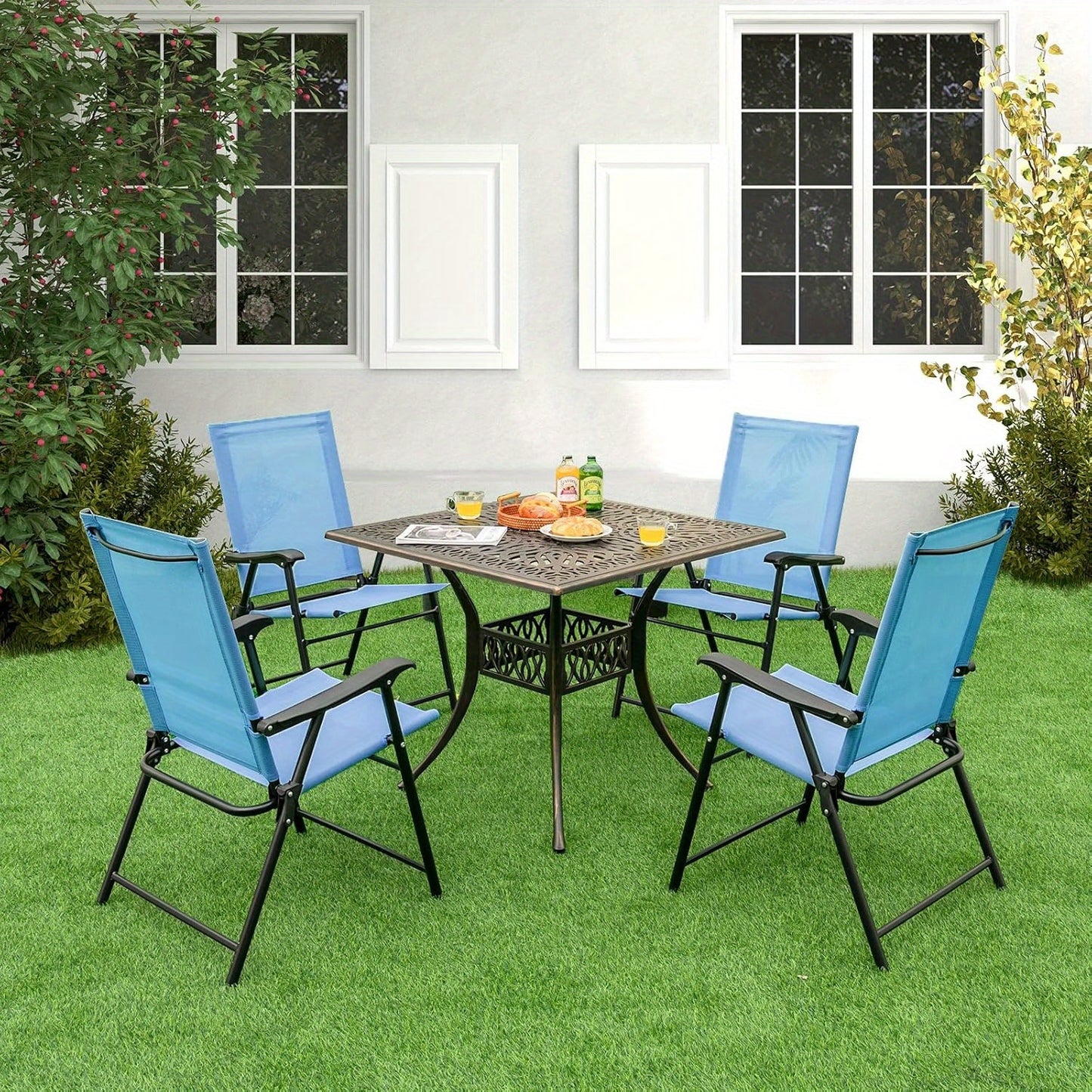 Tuinstoel Set – Klapstoel – Balkonstoel – Tuinzetel – Stoel Met Armleuning – Weerbestendig Stof – Sterk Metalen Frame – Blauw – Set Van 4