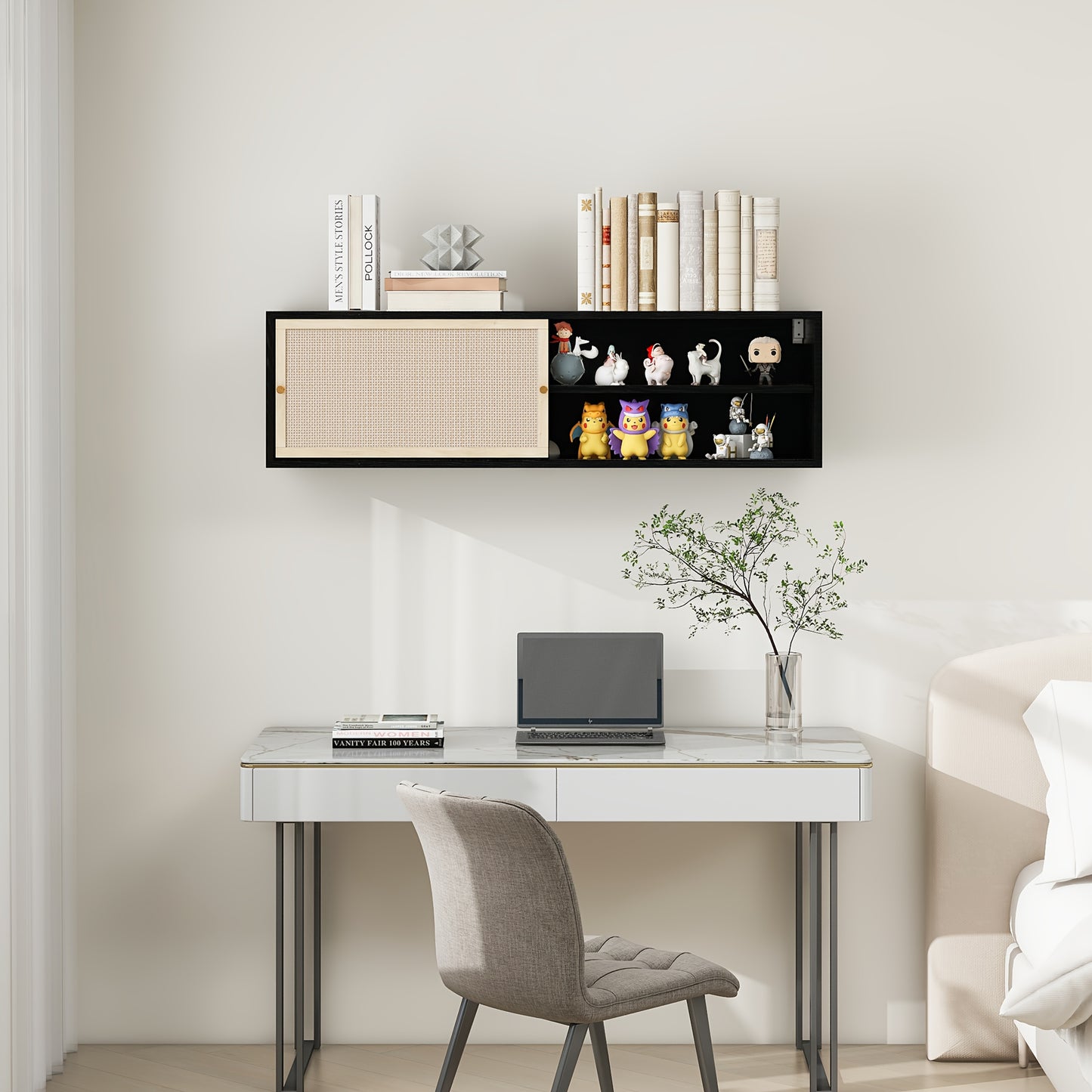 Zwart Wandkastje – Wandrek – Opbergkast – Muurkast – Kast Met Schuifdeuren – Geweven Rattan – 110 cm Lang – Hardhout