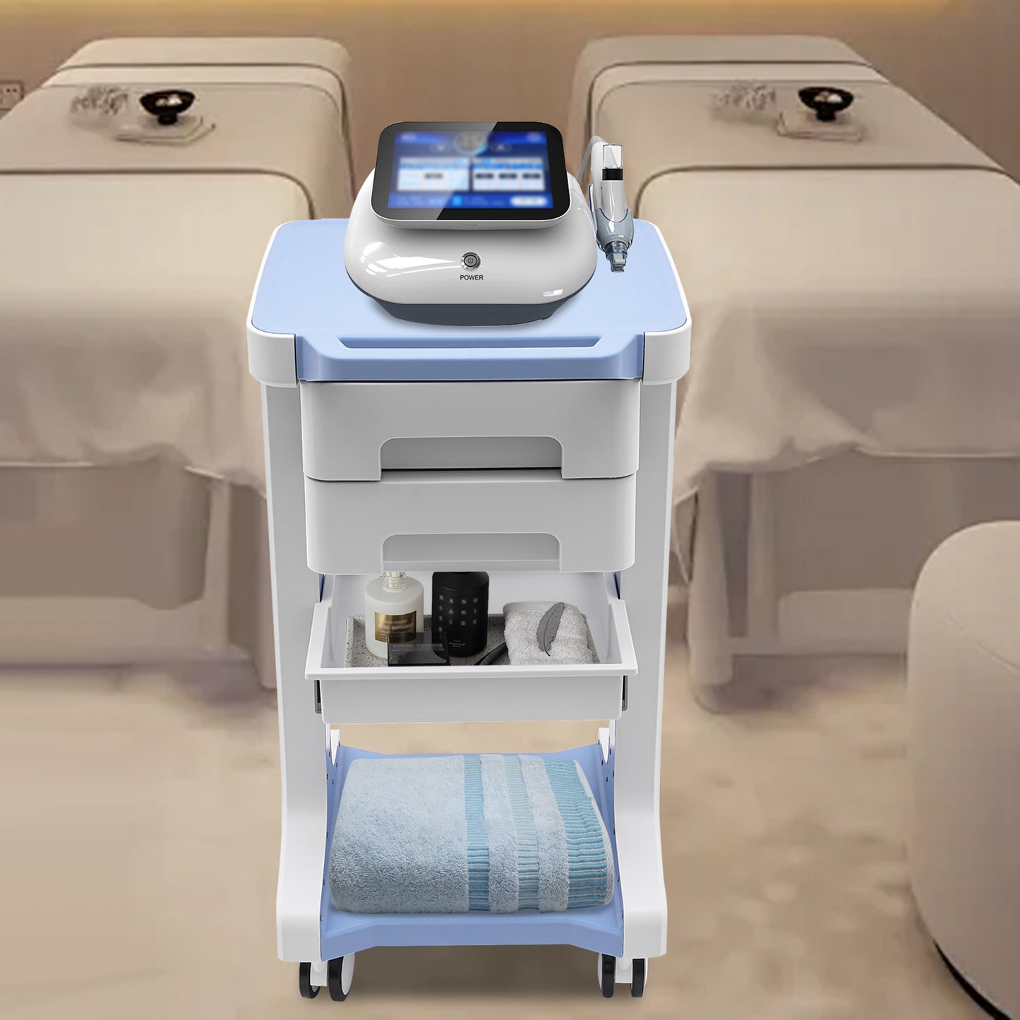A Three-Tier Storage Cart in Blue And White Featuring Two Drawers, Capable of Holding Up to 49.9 KG. Made from ABS Material, This Mobile Trolley Is Ideal for Use in Beauty Salons, Spas, And Laboratories., For Wardrobes, Pharm