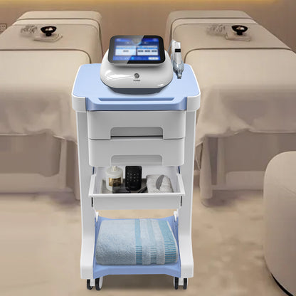 A Three-Tier Storage Cart in Blue And White Featuring Two Drawers, Capable of Holding Up to 49.9 KG. Made from ABS Material, This Mobile Trolley Is Ideal for Use in Beauty Salons, Spas, And Laboratories., For Wardrobes, Pharm