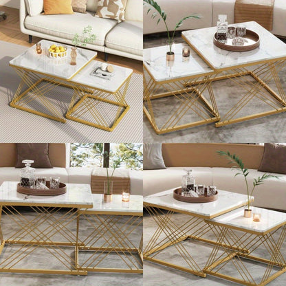 Salontafelset – Koffietafel – Bijzettafel – Woonkamertafel – Tafeltje – Glanzend Marmerlook – 2 Stuks Vierkant 60x60x45 & 45x45x40 cm – Verstelbare Poten, Max 30 kg Belastbaar
