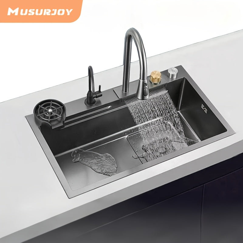 80×45cm Contemporary Rectangular Stainless Steel Kitchen Sink, Flying Rain Waterfall Effect, Right Side Draining with Pull-Down Tap and Cutting Board & Glass Rack Included Multiple Accessories Easy Installation Suitable for