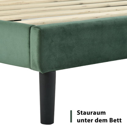 Gestoffeerd Tweepersoonsbed – Ledikant – Bedframe – Sofa Bed – Slaapsysteem – Donkergroen Fluweel – 140x200 cm – Met Lattenbodem – Gepolsterd Hoofdeinde