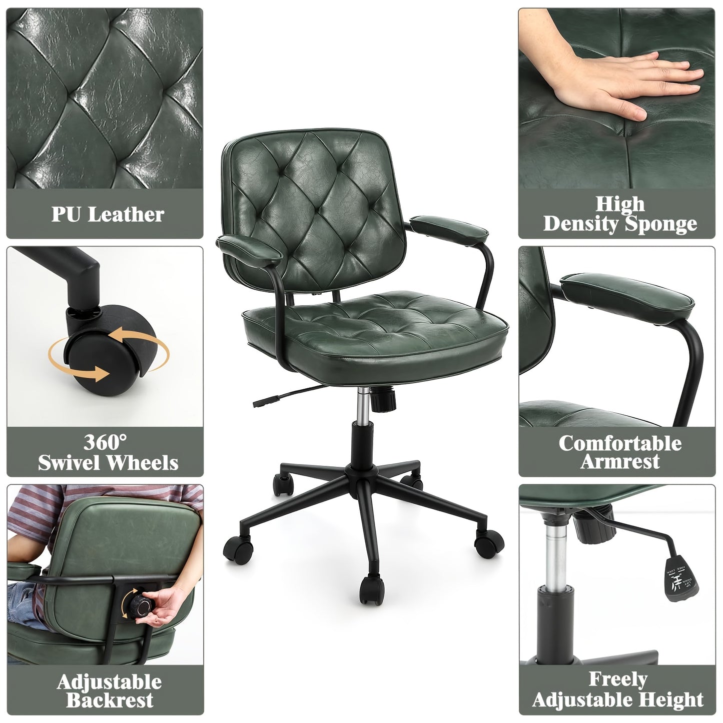 Ergonomische Bureaustoel – Bureaustoel Thuis – Kantoorstoel – Deskchair – Werkstoel – Verstelbare Zithoogte – Mid-Back Lendensteun – Donkergroen PU-Leder – 360° Draaibaar Met Wieltjes