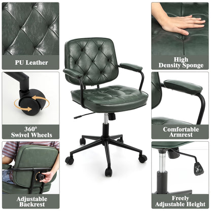 Ergonomische Bureaustoel – Bureaustoel Thuis – Kantoorstoel – Deskchair – Werkstoel – Verstelbare Zithoogte – Mid-Back Lendensteun – Donkergroen PU-Leder – 360° Draaibaar Met Wieltjes