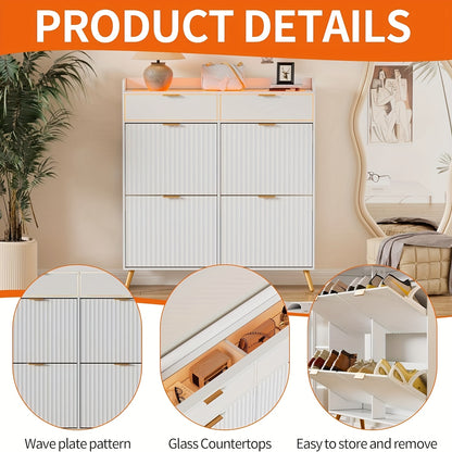 Schoenenkast – Schoenrek – Schoenenopberger – Halmeubel – Schoenenkastje – Wit – 4 Klepdeurtjes – Glazen Blad – 117x106x24 cm – Ruimtebesparend – Met Lade