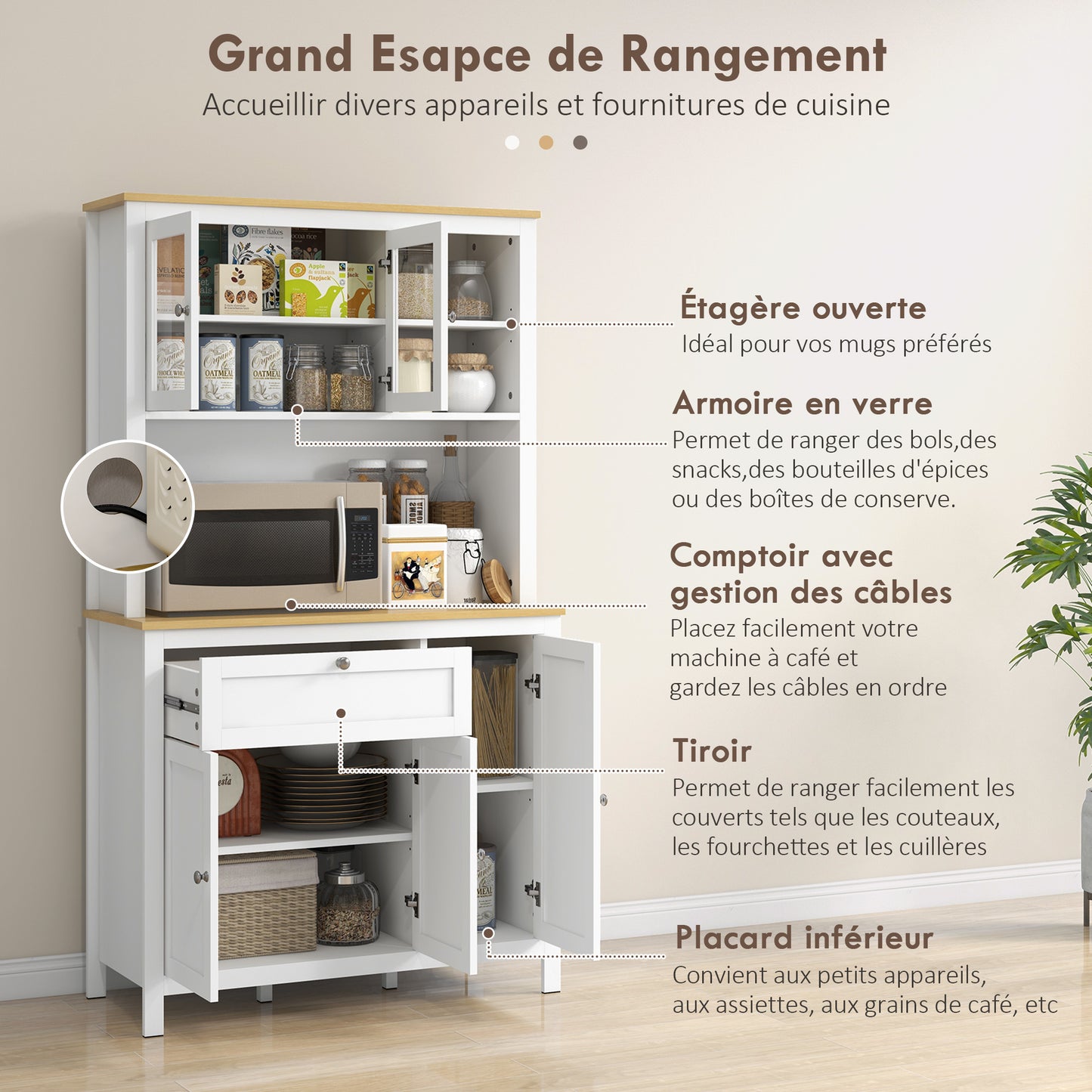 Keukenkast – Keukenbuffet – Vitrinekast – Opbergkast – Hoge Kast – 5 Deuren Inclusief 2 Glazen Deuren – Met Lade En Kabeldoorvoer – 180 cm Hoog – Witte MDF Afwerking